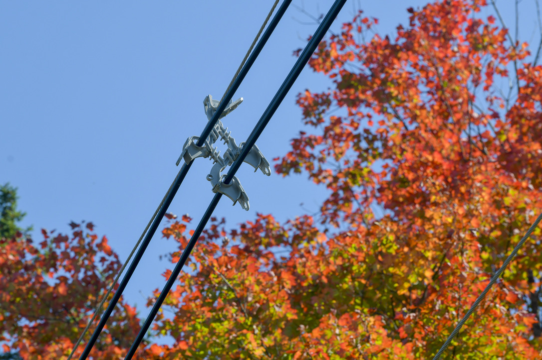 Spacer cables on power lines in Colchester, part of strategy by Green Mountain Power, Colchester, Vermont to reduce power outtages. (Caleb Kenna for the New York Times)